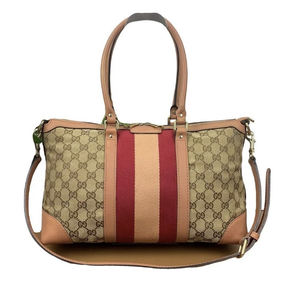 Authentic Gucci Brown Red Monogram Canvas Boston Satchel Bag Shoulder Bag Strap